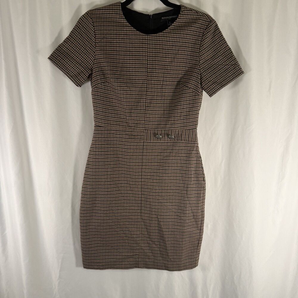 Banana Republic Mini Dress Women's 0 Brown Plaid Round Neck Short Sleeve Zip